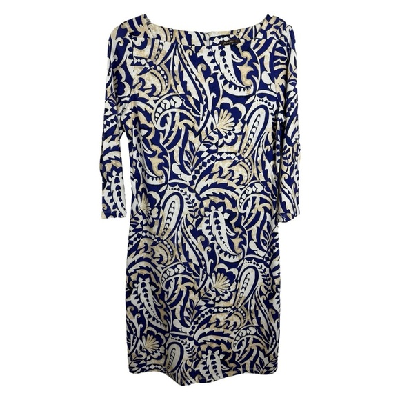 J.MCLAUGHLIN Imogen Sheath Stretch Knit Dress Sz Medium Navy Tan - Picture 2 of 9